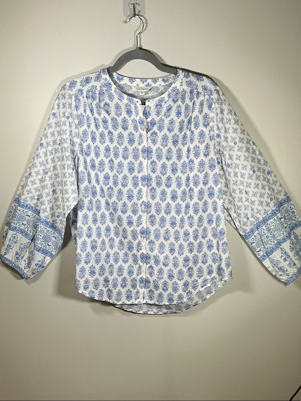 Lucky Brand Blue White Boho Floral Peasant Blouse Size S